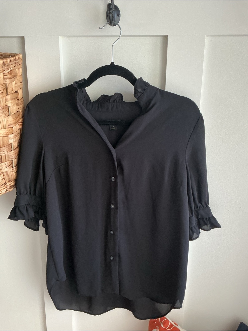 Ann Taylor Black Ruffle-Trim Button Front Blouse
